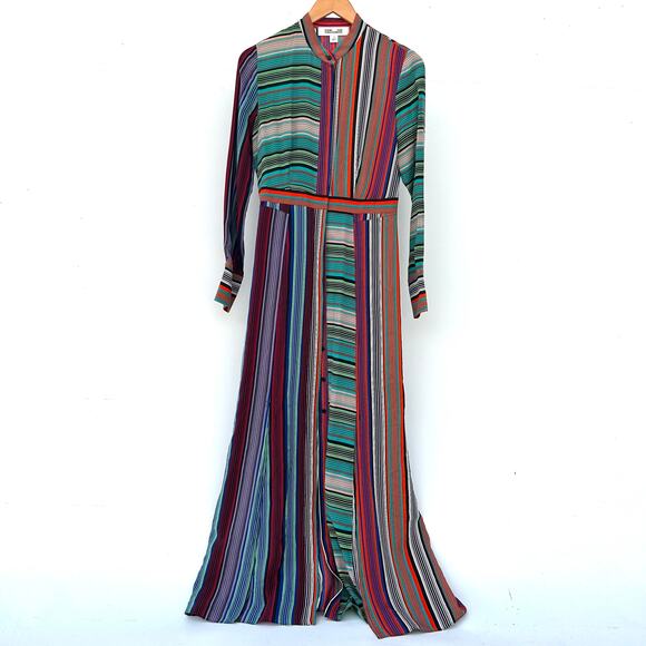 Diane Von Furstenberg Multicolor Striped Silk Button Front Flared Maxi Dress 4 - Picture 2 of 10